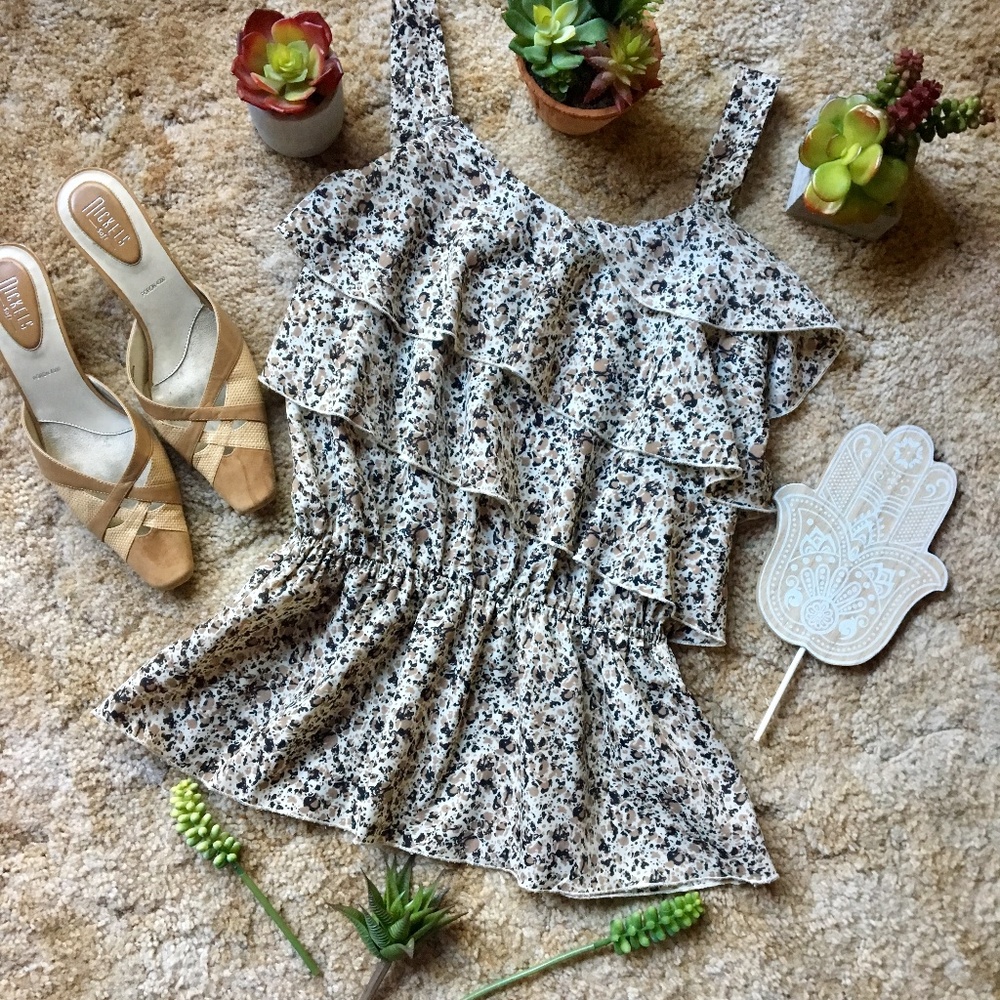 {Lily Lou} Ruffled Peplum Brown Leopard Print Tank